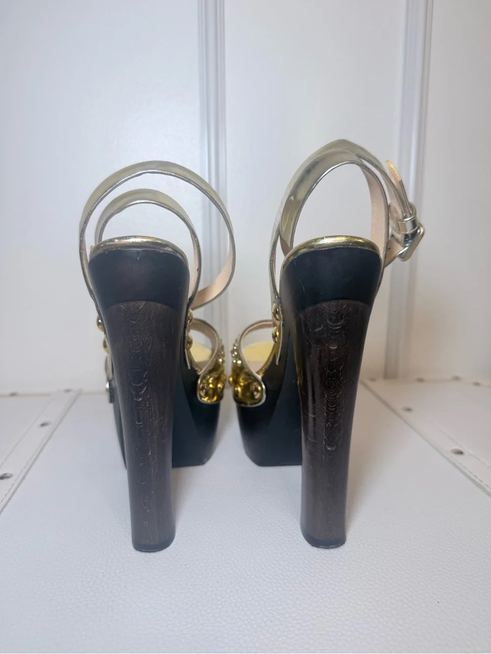 Giuseppe Zanotti Gold Metallic Wooden Platform Heel Sandals Super RARE!
